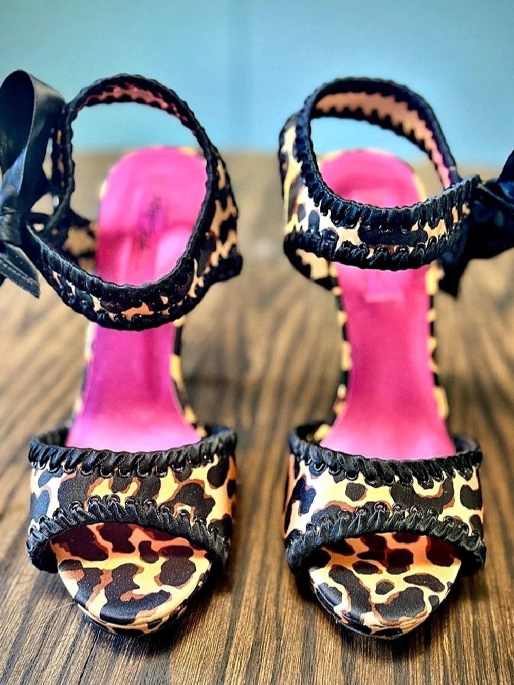 Vintage Betsey Johnson Leopard Print Satin Ribbon Lace-Up Heels